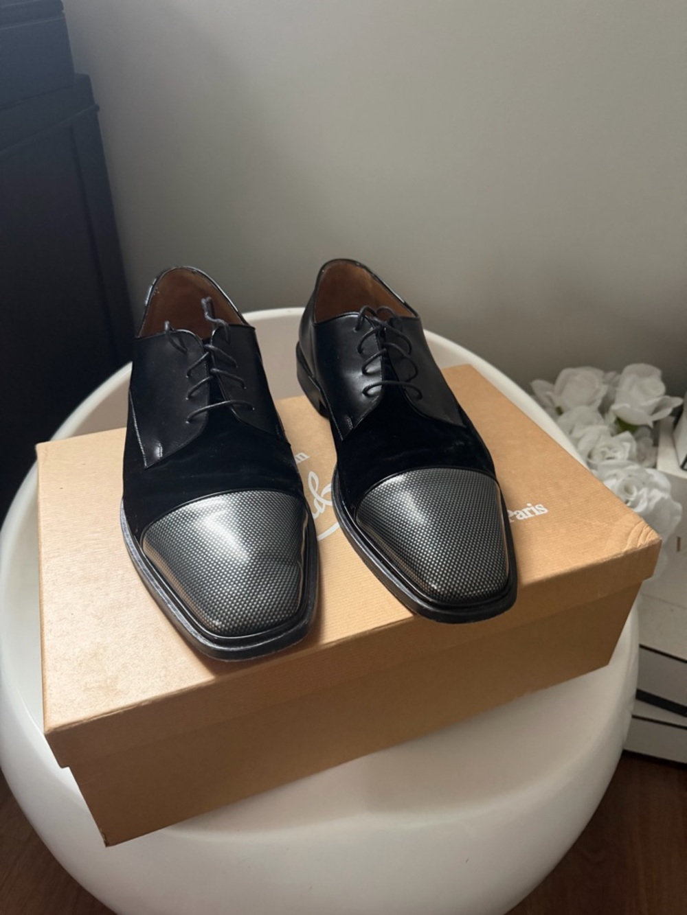 Christian Louboutin Black Leather & Metallic Cap-Toe Oxfords